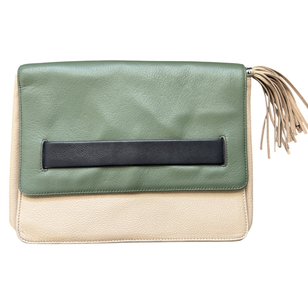 Aimee Kestenberg Pebble Leather Clutch Bag Green‎ Beige Colorblock Tassel